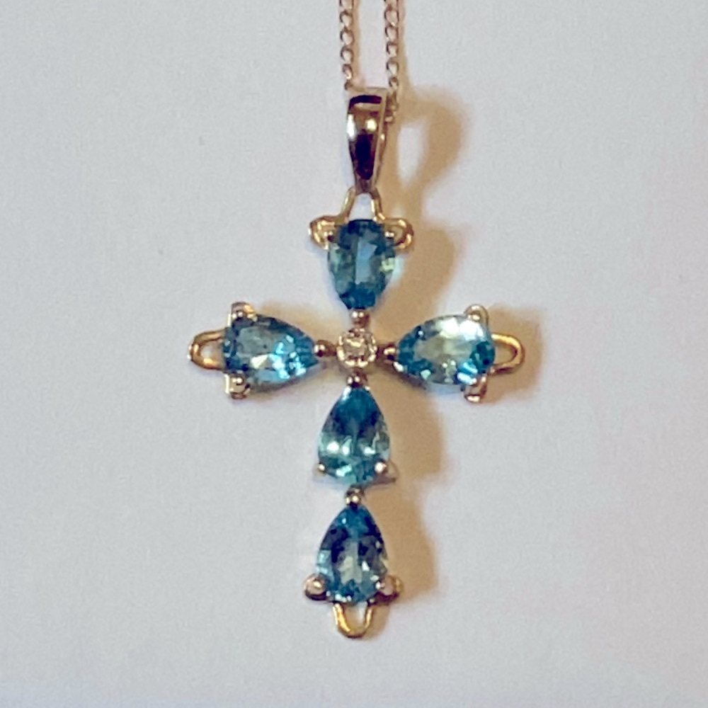 Pear Shaped Natural Blue Topaz 14kt Yellow Gold Cross Necklace